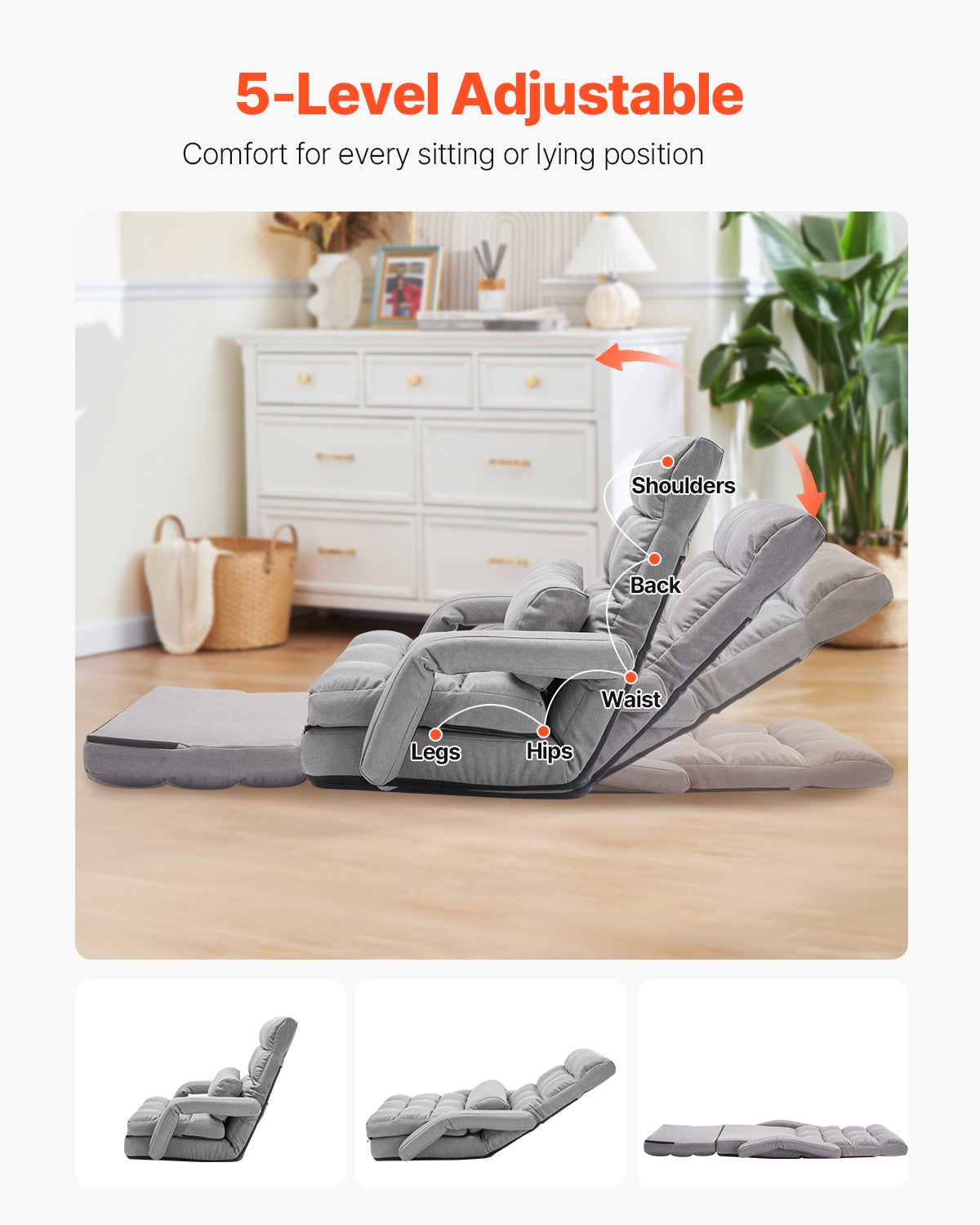 Silla de Suelo Plegable,Sillón de VEVOR 5 Posiciones Ajustables y Soporte Dorsal,Silla de Sofá con Reposabrazos para Adultos,con Cojín de Respaldo