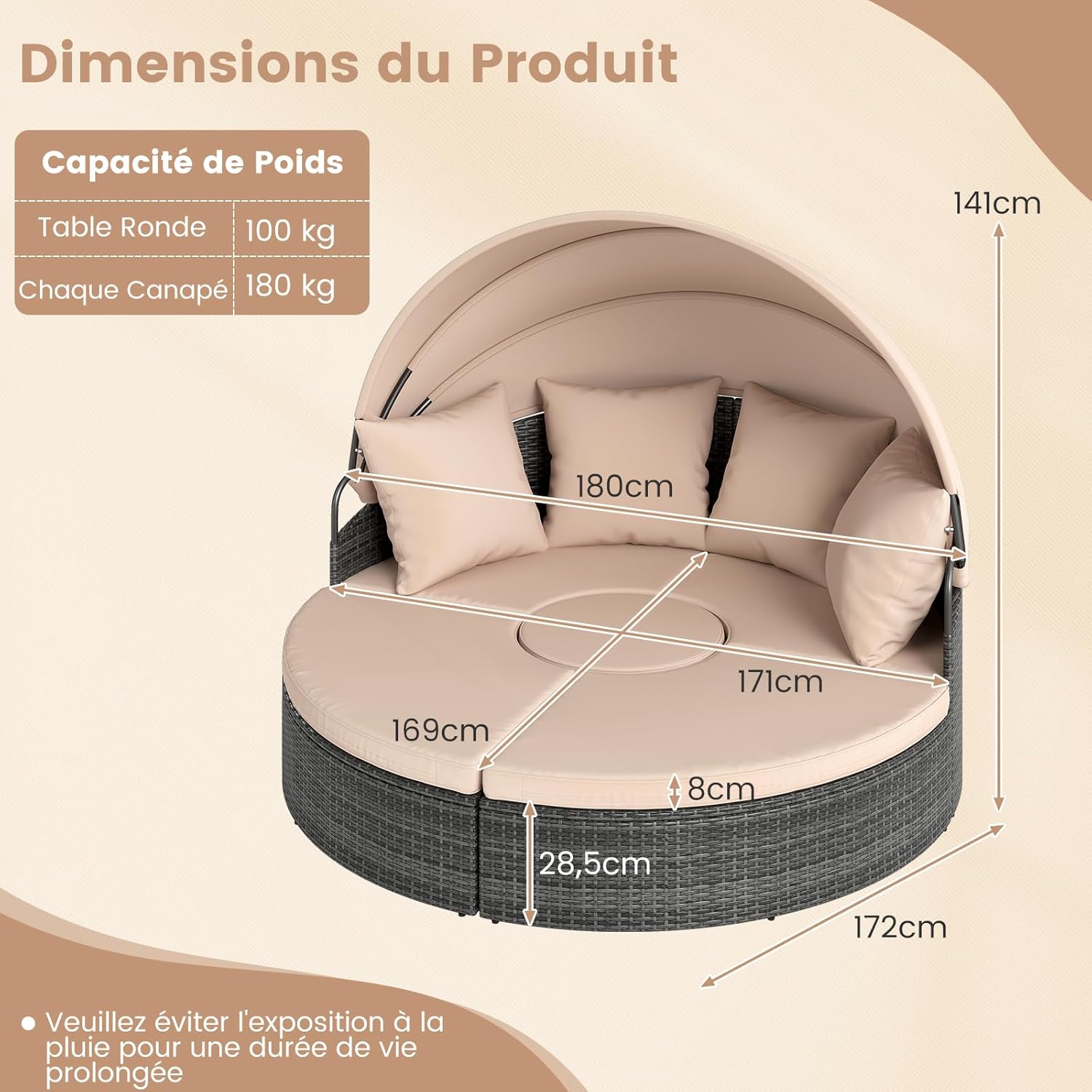 Cama Balinesa Exterior Jardin, Redondo con Dosel Retráctil, Tumbona Isla de Ratán, Cojines Suaves, Conjunto Jardin Terraza Balcon Piscina Exterior, 17