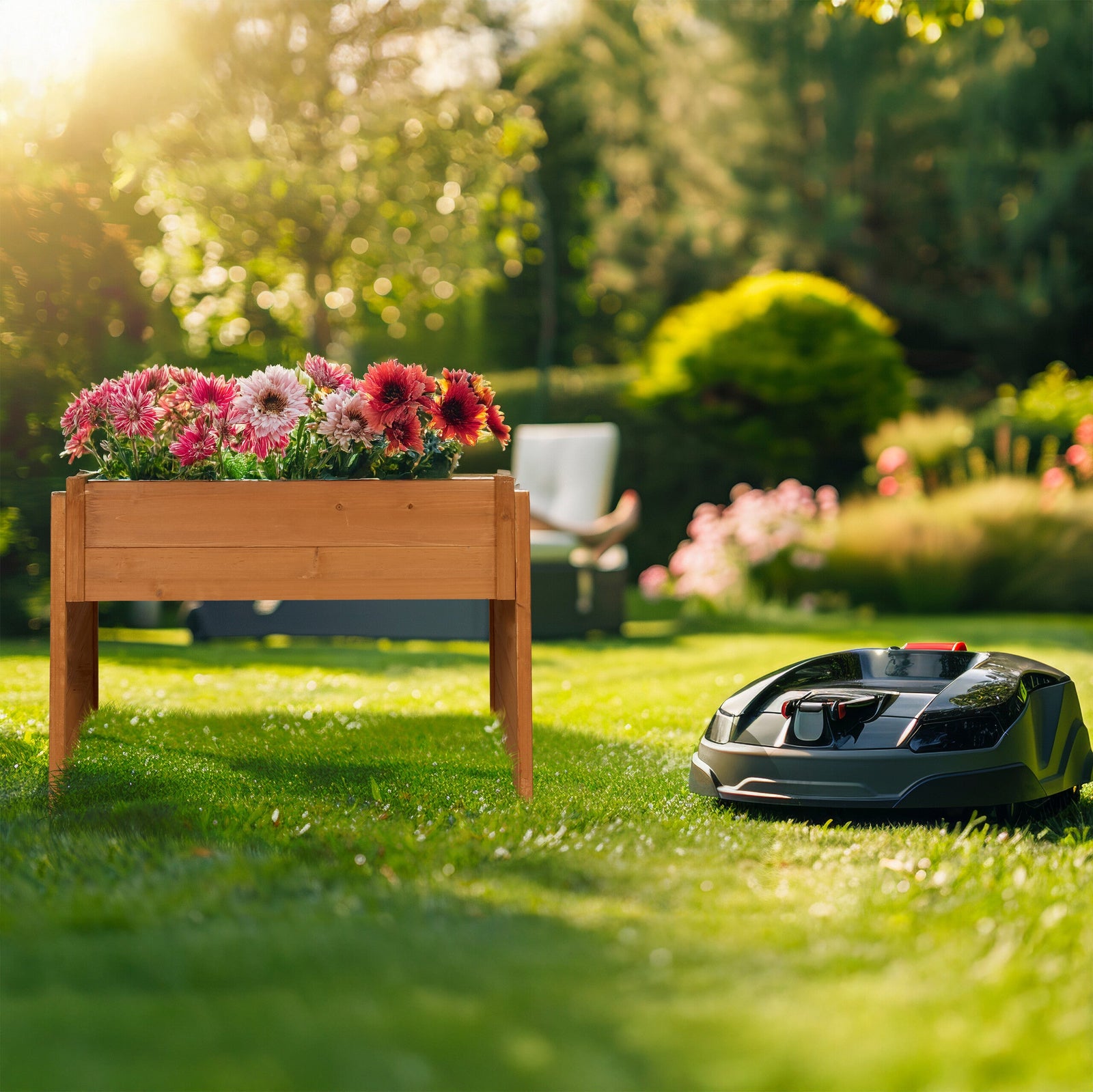 Relaxdays Garaje para Robot Cortacésped, Cubierta de Madera, 52,5 x 79 x 74 cm, Maceta, Cobertizo para Segadora, Naranja
