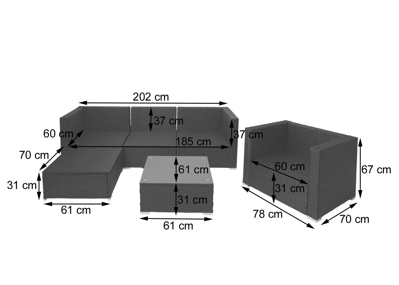 Muebles de polirratán para jardín, terraza, balcón con sillones, sofá, mesa, cojín gris crema 04_0004179