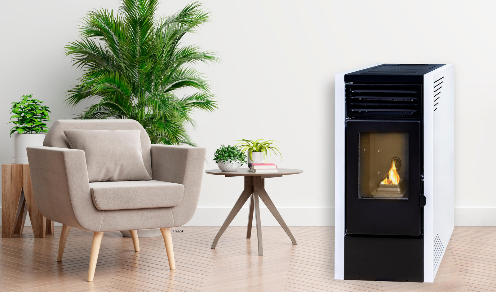 Estufa de pellet Diva de 9kW de potencia en color blanco