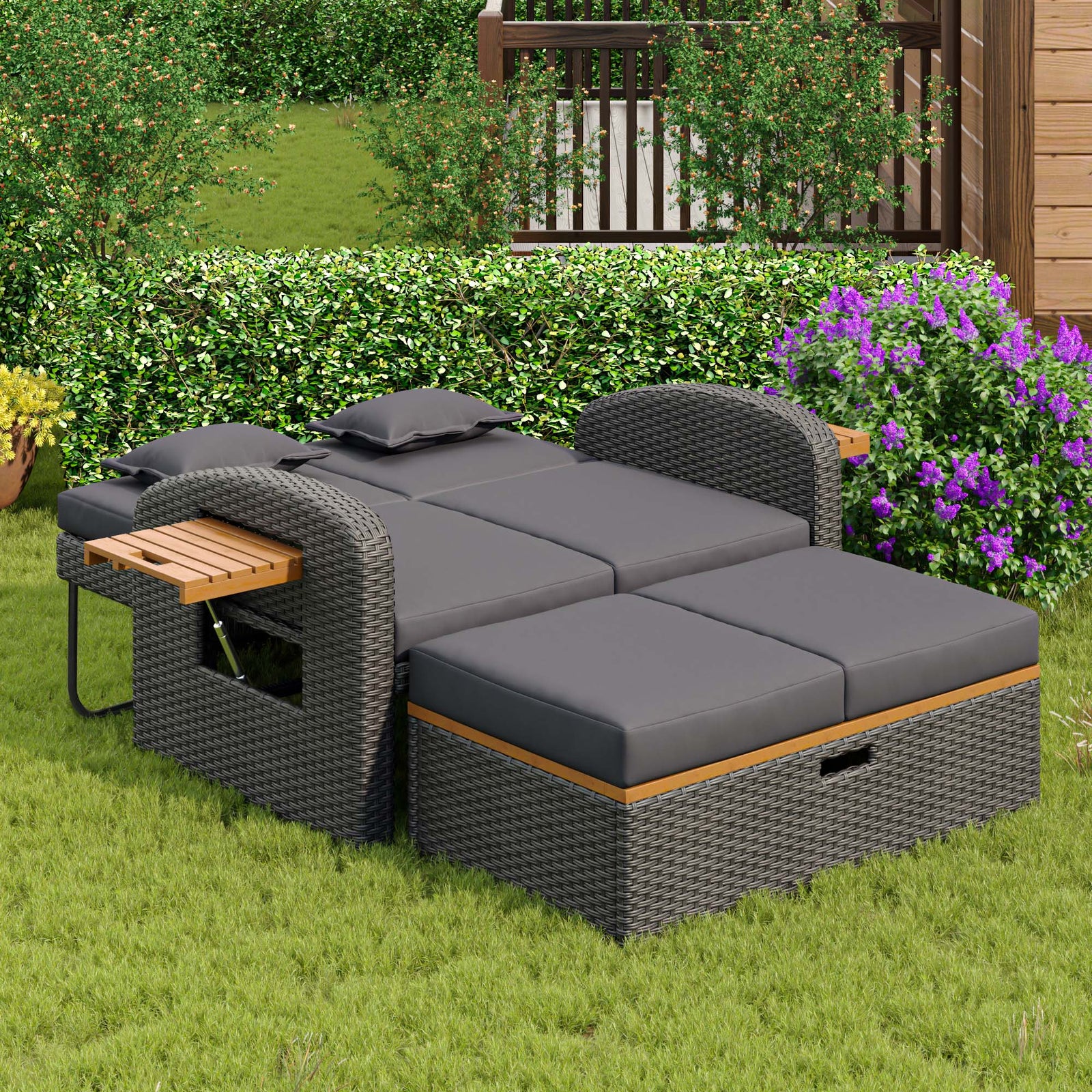 Set de Sillones de Jardín para 2 Personas en Rattan Gris, Respaldo Ajustable, Reposapiés, Mesa Auxiliar, con Cojines Desmontables