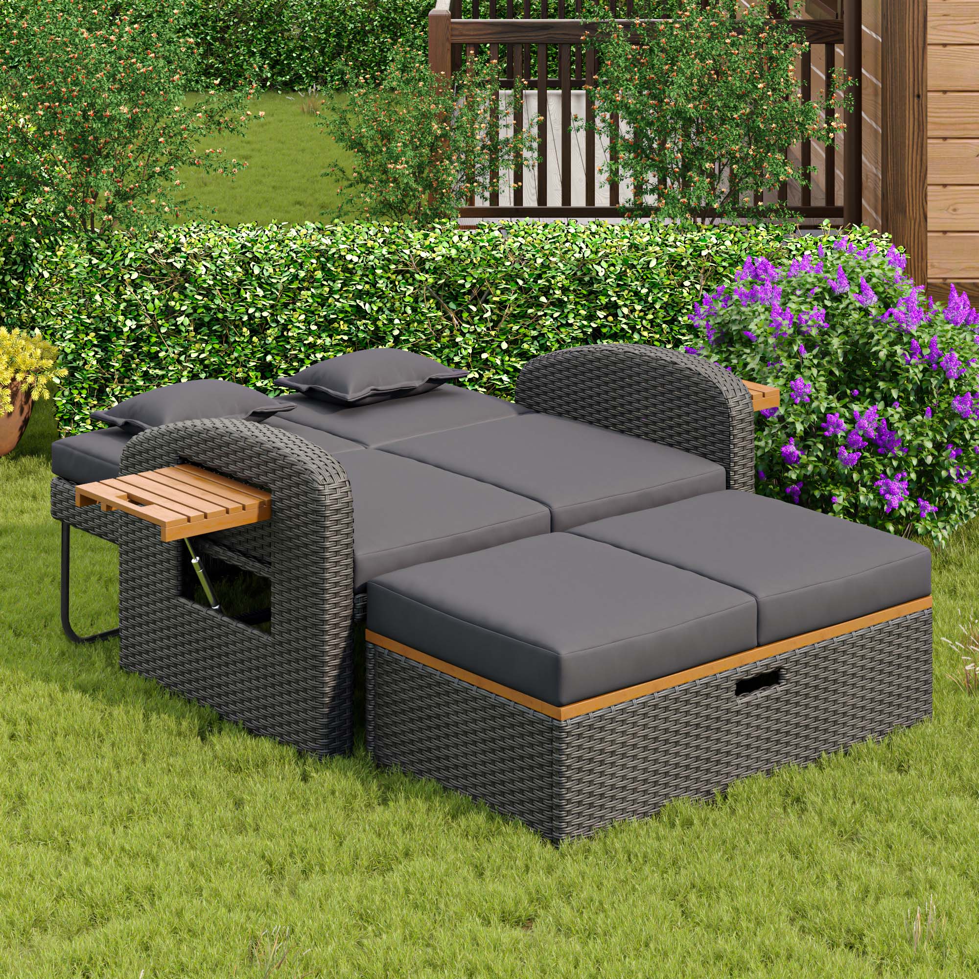 Set de Sillones de Jardín para 2 Personas en Rattan Gris, Respaldo Ajustable, Reposapiés, Mesa Auxiliar, con Cojines Desmontables