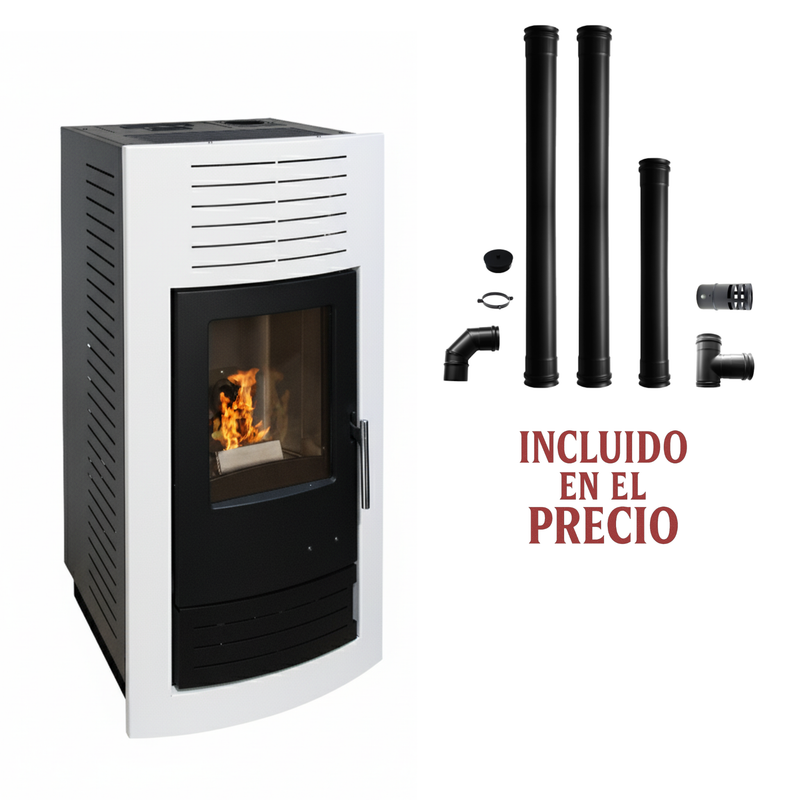 Estufa de Pellets KARMEK ONE BLANCO 7,54 kW -Kit instalacion incluida Calienta hasta 252&nbsp;m3, Doble Salida de Humos y Autolimpieza