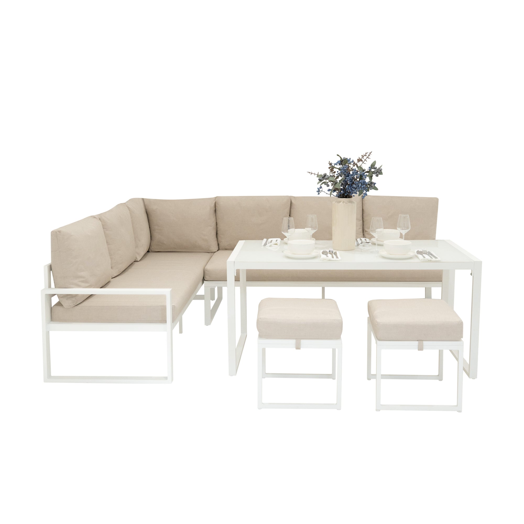 Conjunto de Sofá Esquinero de Aluminio 7 plazas | Blanco | Sofa + 2 Taburetes + Mesa con Tapa de Vidrio + Funda