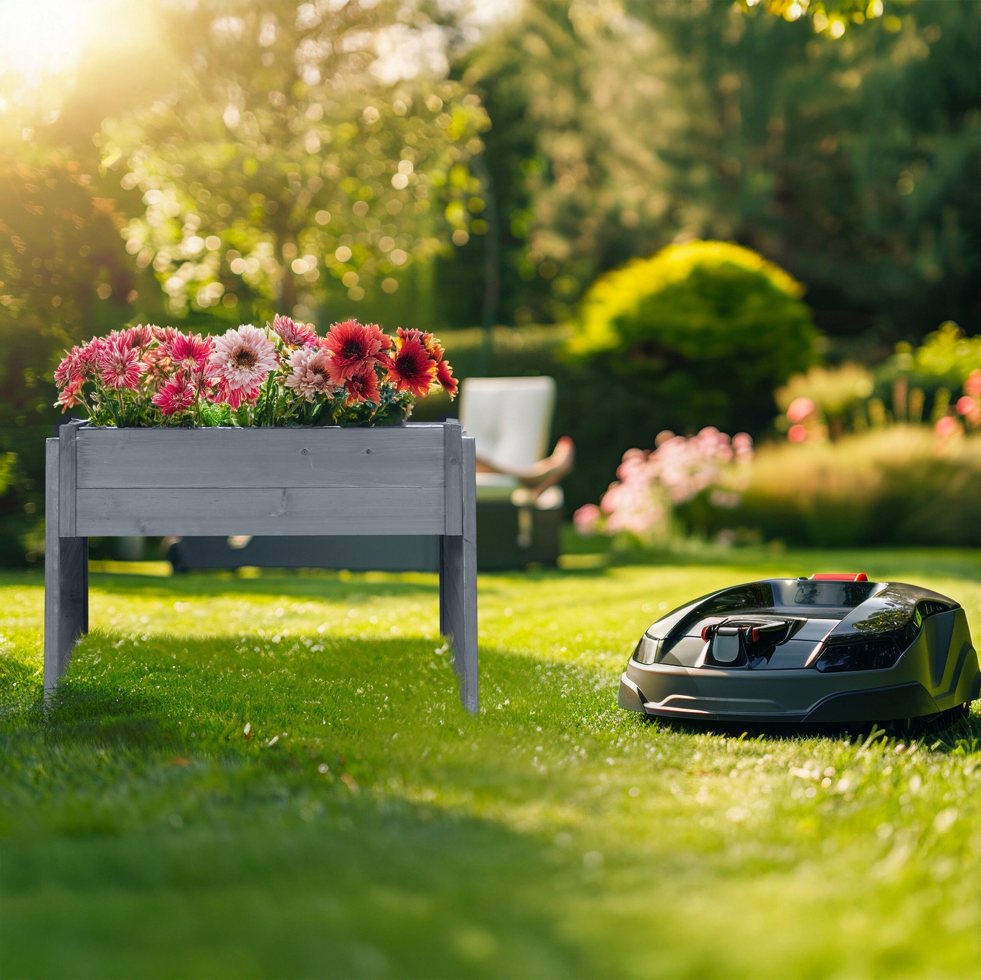 Relaxdays Garaje para Robot Cortacésped, Cubierta de Madera, 52,5 x 79 x 74 cm, Maceta, Cobertizo para Segadora, Gris