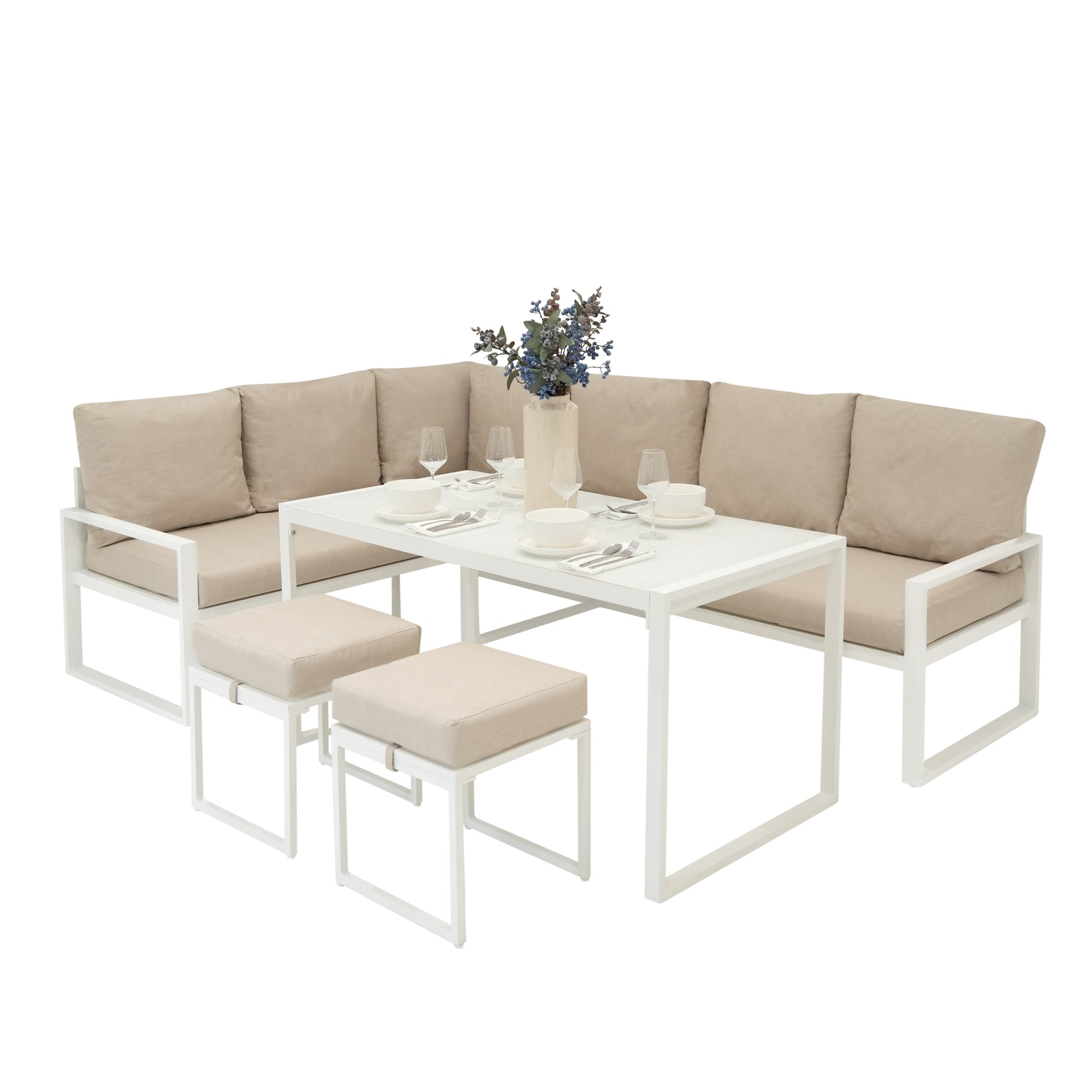 Conjunto de Sofá Esquinero de Aluminio 7 plazas | Blanco | Sofa + 2 Taburetes + Mesa con Tapa de Vidrio + Funda