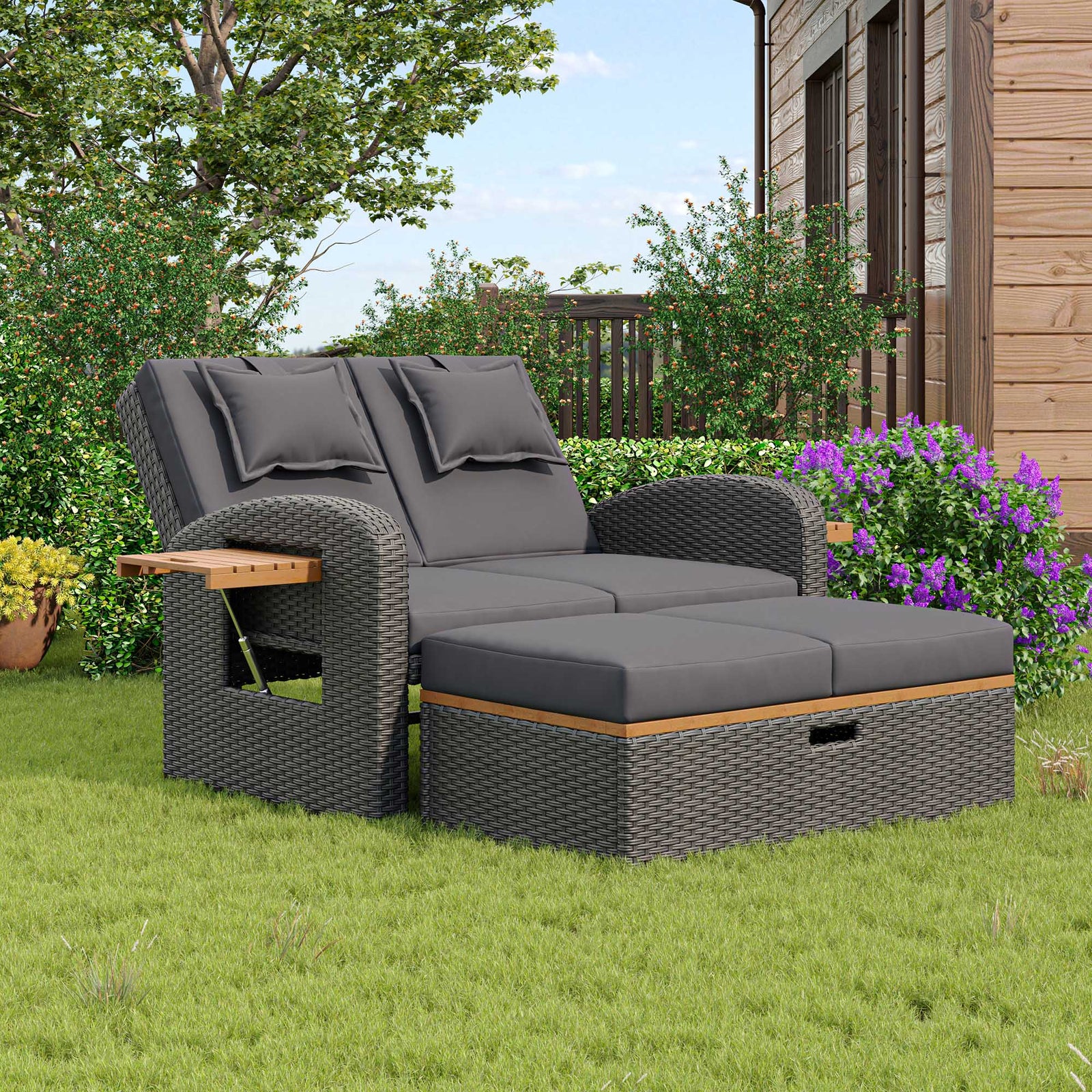 Set de Sillones de Jardín para 2 Personas en Rattan Gris, Respaldo Ajustable, Reposapiés, Mesa Auxiliar, con Cojines Desmontables