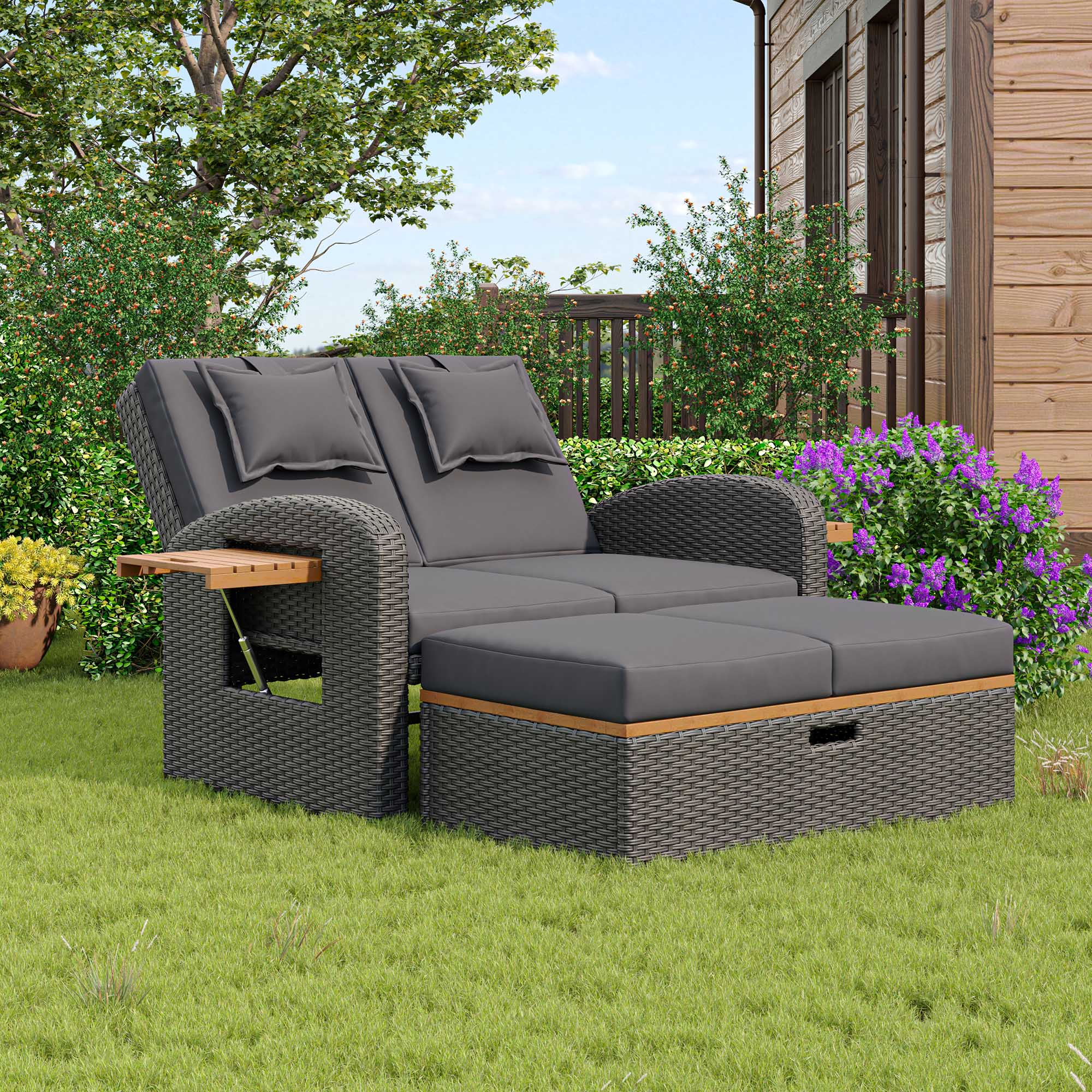 Set de Sillones de Jardín para 2 Personas en Rattan Gris, Respaldo Ajustable, Reposapiés, Mesa Auxiliar, con Cojines Desmontables