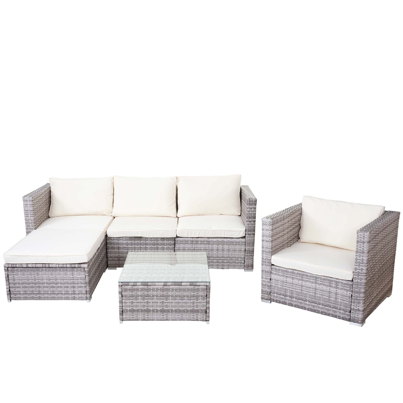Muebles de polirratán para jardín, terraza, balcón con sillones, sofá, mesa, cojín gris crema 04_0004179