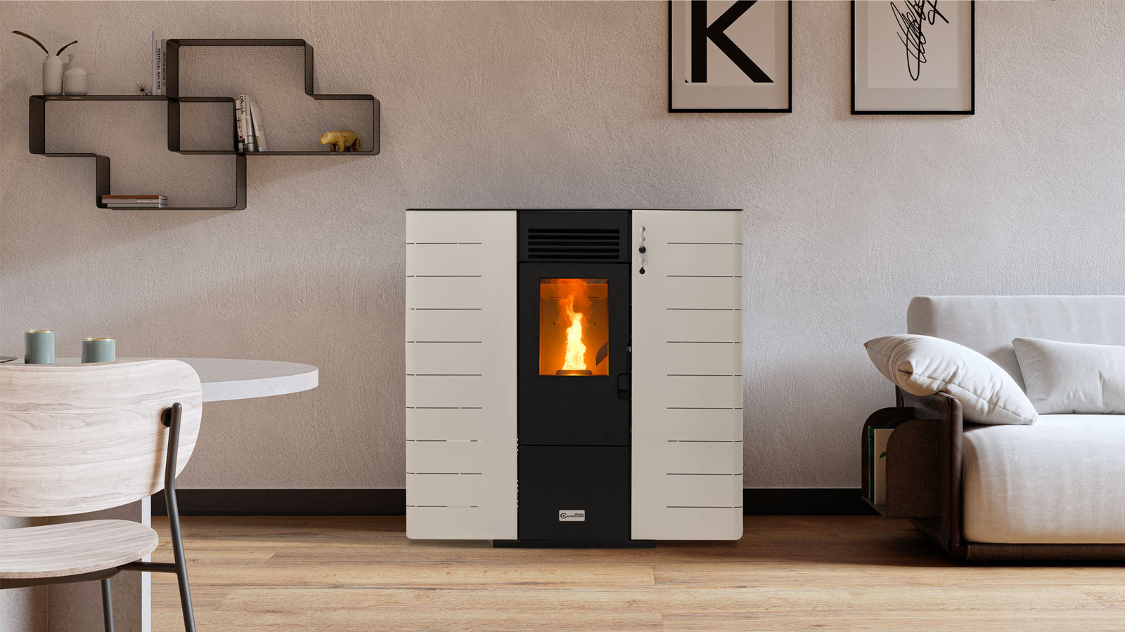 Estufa de Pellet Baeza Pyreias Pasillo 10kW Blanca, calefacción eficiente para espacios de hasta 90m². Con WiFi y Alexa