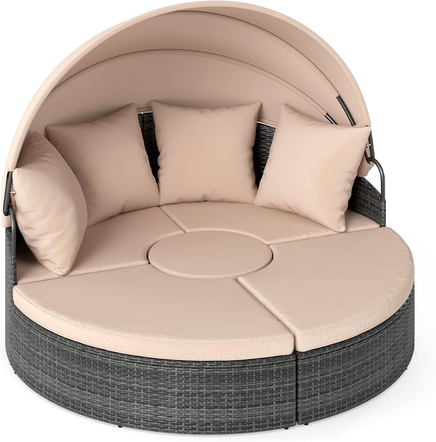 Cama Balinesa Exterior Jardin, Redondo con Dosel Retráctil, Tumbona Isla de Ratán, Cojines Suaves, Conjunto Jardin Terraza Balcon Piscina Exterior, 17