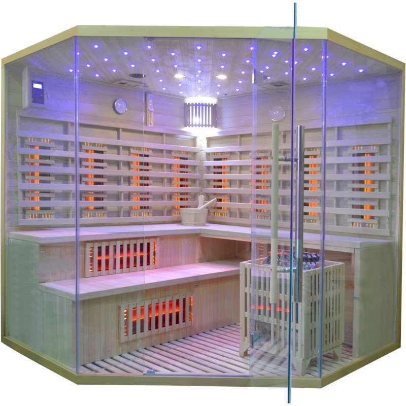 Sauna Híbrida 5 plazas LUXE infrarrojos 3500W + estufa SAWO 9000W – SNÖ