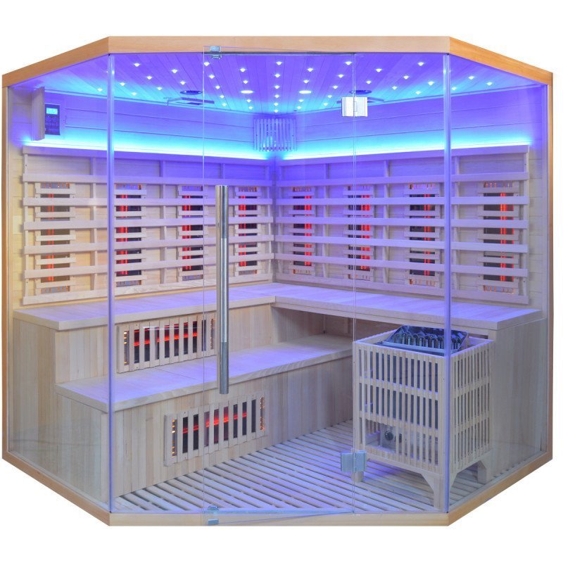 Sauna Híbrida 5 plazas LUXE infrarrojos 3500W + estufa SAWO 9000W – SNÖ