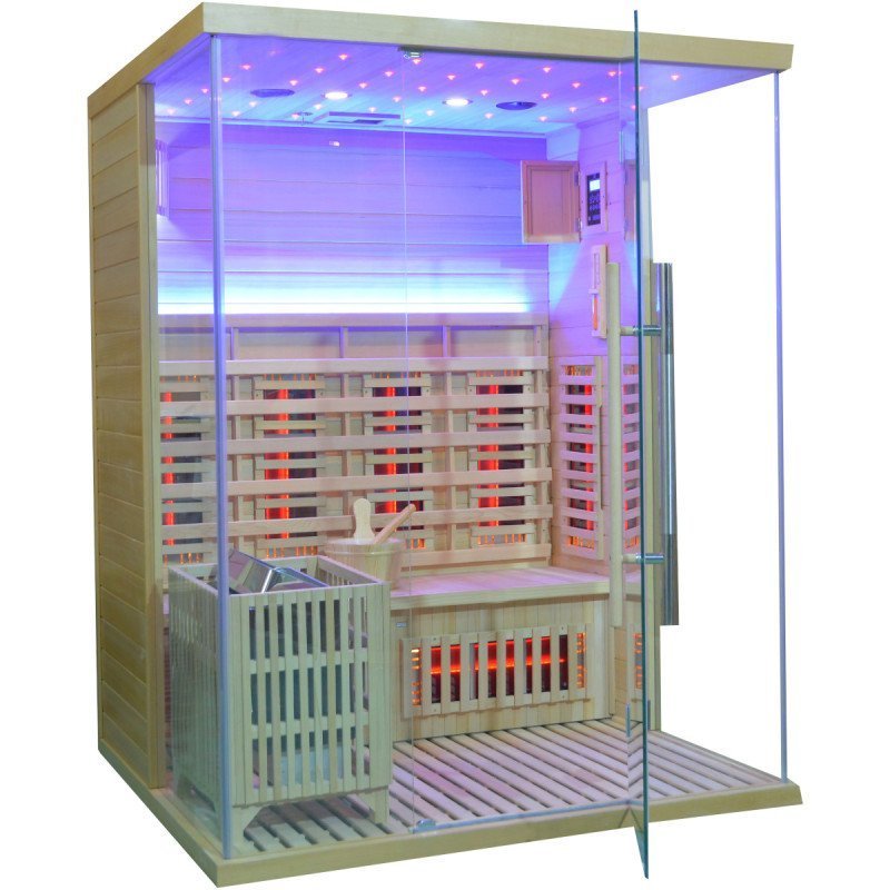 Sauna Híbrida LUXE 3 plazas Infrarrojos 2800W + estufa SAWO 6000W – SNÖ